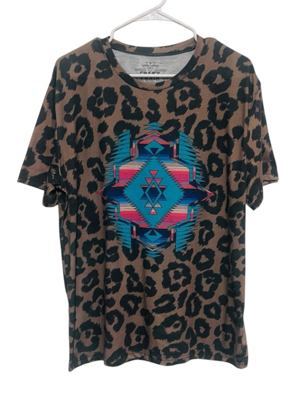 Crazy Train Leopard Aztec Tee Women’s Medium Western Tunic Top